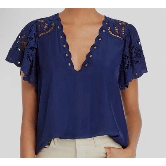 Ramy Brook Rochelle V-Neck Flutter Sleeve Blouse – Navy Blue Sz S $345 NEW - Picture 1 of 11